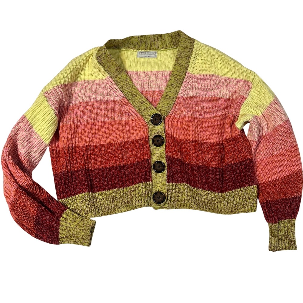 Urban Outfitters Striped Cropped Cardigan Sweater Sunset Pink Yellow OB1133437 S